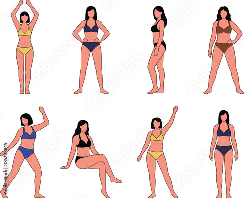 Female body types in bikini collection diverse women poses summer swimwear fashion flat vector illustration isolated white background set