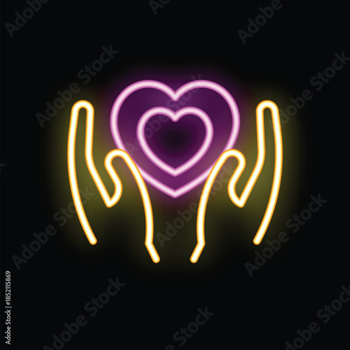 Two hands holding a neon heart, a concept for charity, love, and support