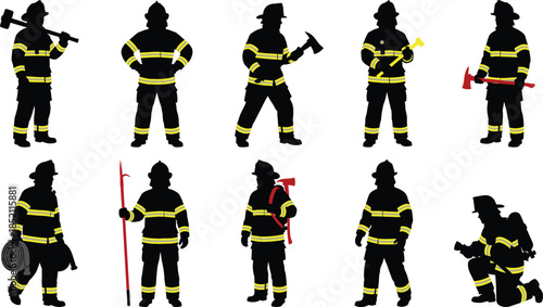 Firefighter silhouette collection emergency rescue heroes with equipment protective uniform action poses flat vector illustration isolated white background