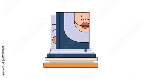Stunning modern art piece featuring woman's face on stacked books