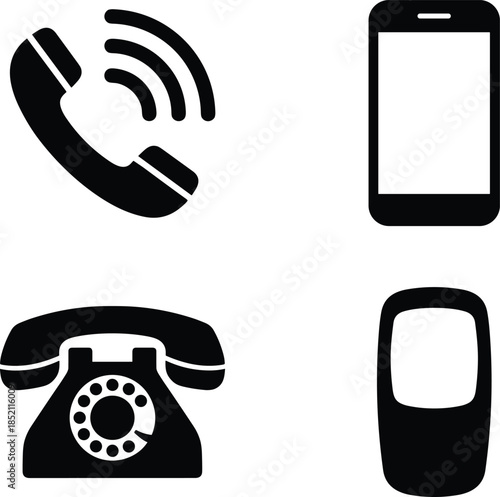 Phone communication icons set featuring smartphone and vintage telephone devices for contact call interface design