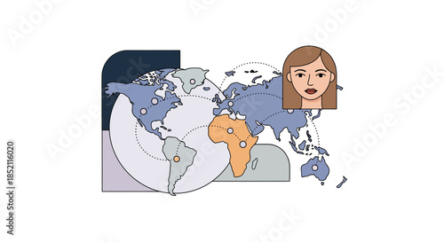 Global connections with a woman's face on a world map background