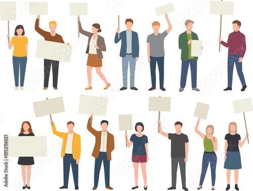 People holding blank protest signs diverse men women peaceful demonstration social activism human rights unity flat vector illustration set modern