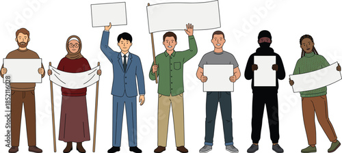 People holding protest signs diverse crowd demonstration illustration social activism human rights freedom concept flat vector isolated white background modern