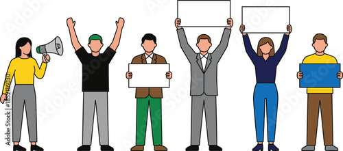 People protesting with blank signs diverse group demonstration illustration social activism freedom rights unity flat vector design modern isolated background