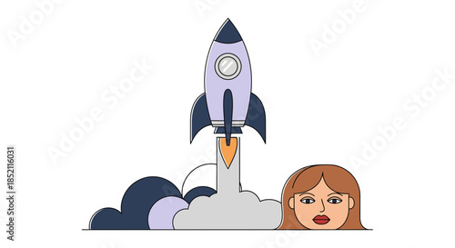 Surprised woman watching rocket launch into sky with smoke and flames