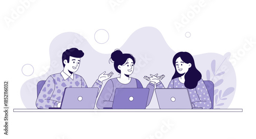 Diverse team collaborating with laptops in modern workspace setting