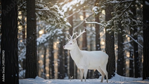 Majestic white deer with antlers stands in snowy forest landscape