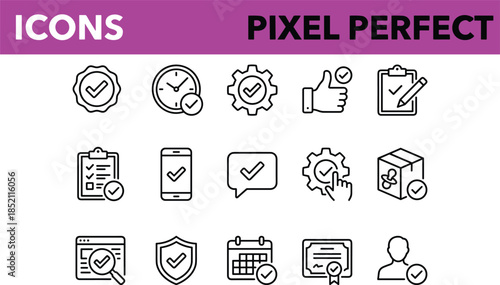 Pixel perfect line icons set for approval verification checklist security interface design graphics modern ui