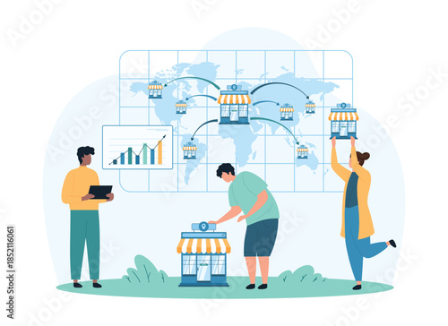 Global franchise business development, corporate company expansion and distribution. Tiny people pin new small model of restaurant, office or retail shop on world map cartoon vector illustration