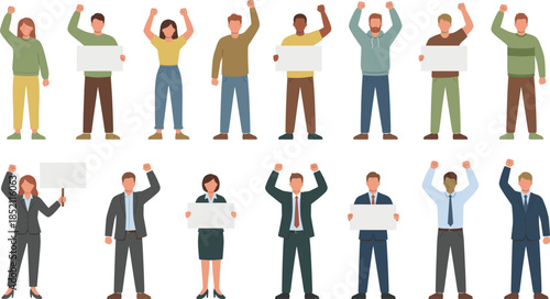 People protesting with blank signs diverse men women crowd demonstration activism unity freedom rights flat vector illustration isolated white background
