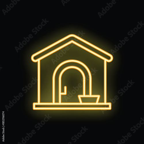 Yellow neon icon of a dog house with a bowl is glowing on a black brick wall