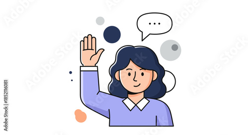 Friendly woman waving with speech bubble and colorful circles around her