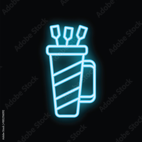 Neon blue quiver with arrows displaying on a black background