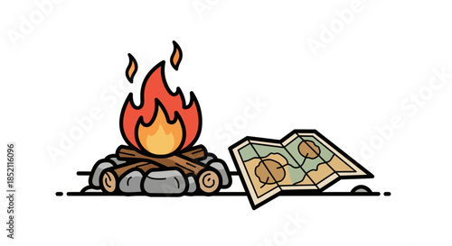 Cartoon campfire with map beside it on white background