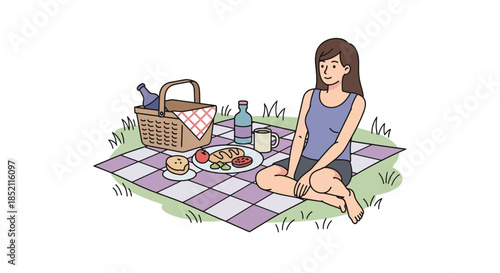 Relaxed woman enjoying outdoor picnic with food and drinks on blanket