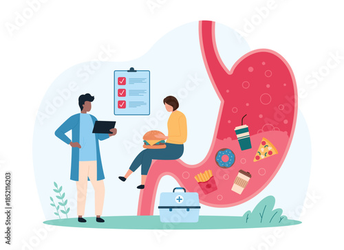 Diagnosis of gastritis, awareness of fast food bad effect on gastric mucosa. Tiny people study infographic medical chart of stomach full of junk food, warning of danger cartoon vector illustration