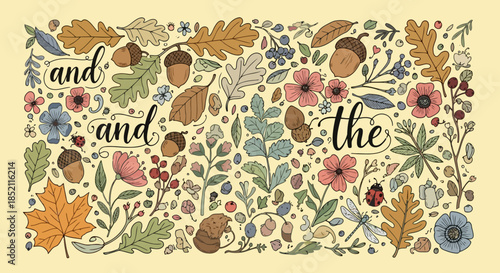 Beautiful floral and autumnthemed design with leaves, acorns, and flowers in a vintage style