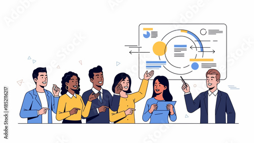 Diverse team collaborating on business project with presentation