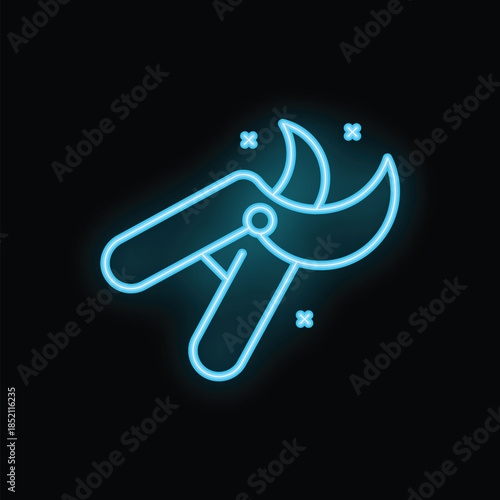 Blue neon icon of secateurs glowing on dark background, representing gardening and plant care
