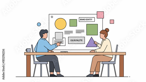 Two creative professionals collaborating on brand identity project