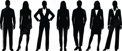 Professional business people silhouette set flat vector illustration men women standing poses corporate teamwork leadership office branding design marketing concept