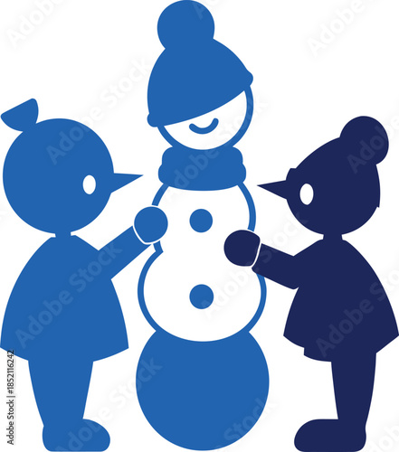 Two Children Building a Blue Snowman Silhouette winter vector illustration EPS file download.
