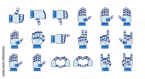 Set of hand gestures and signs in blue color, including thumbs up, thumbs down, peace sign, and other common gestures