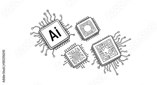 Digital illustration of interconnected ai chips with neural network connections, symbolizing artificial intelligence and machine learning technology