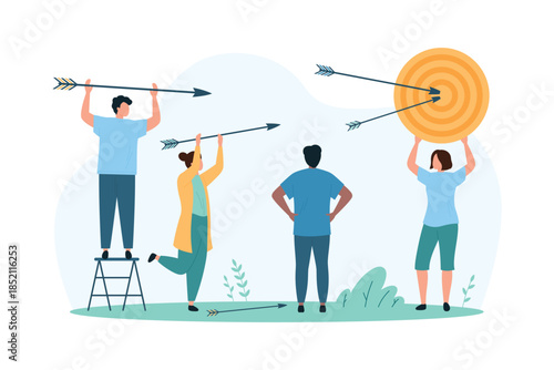 Business goal achievement and strategy, focus on success opportunity. Tiny people holding arrows to hit in center of circle dartboard, practice to reach marketing target cartoon vector illustration