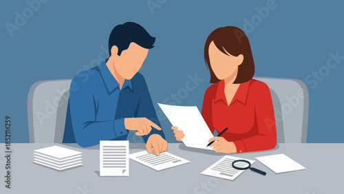 Businessman and businesswoman reviewing documents at office desk