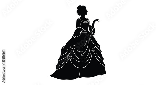 Elegant woman in a historical gown detailed dress design black and white striking silhouette