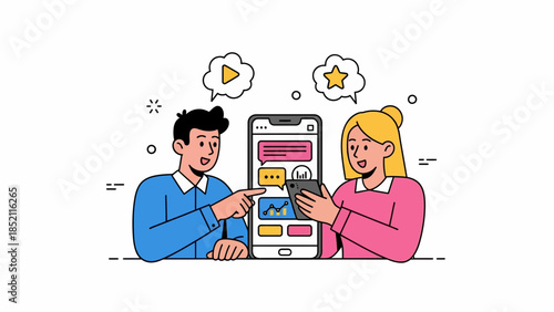 Couple interacting with large smartphone discussing social media content