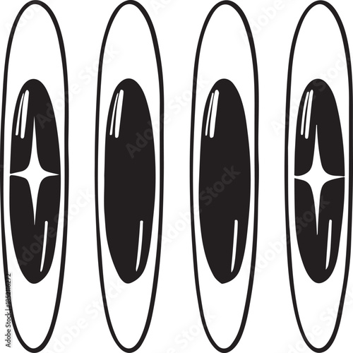 Four cartoon eyes with large pupils and shiny highlights, vector art