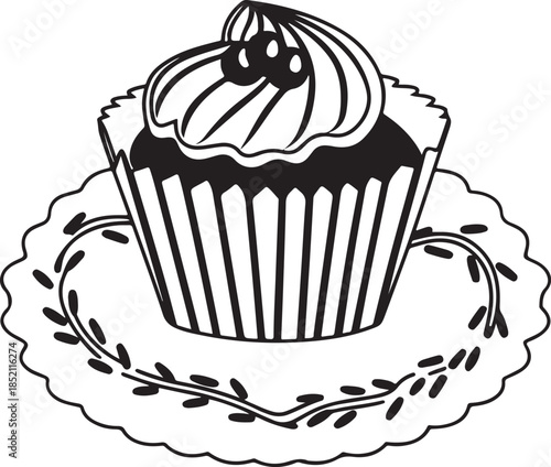 Delicious cupcake with swirling frosting and berries on a plate