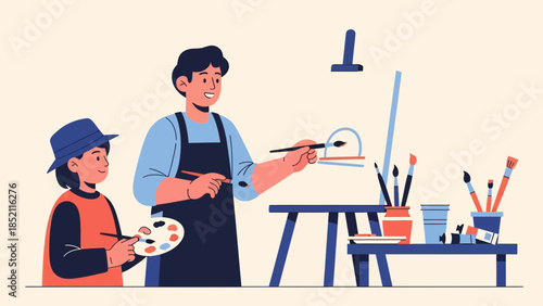 Man and child painting together in an art studio with colorful brushes