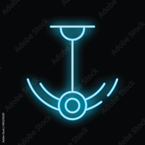 Blue neon sign illuminating a modern chandelier hanging from the ceiling on a black background