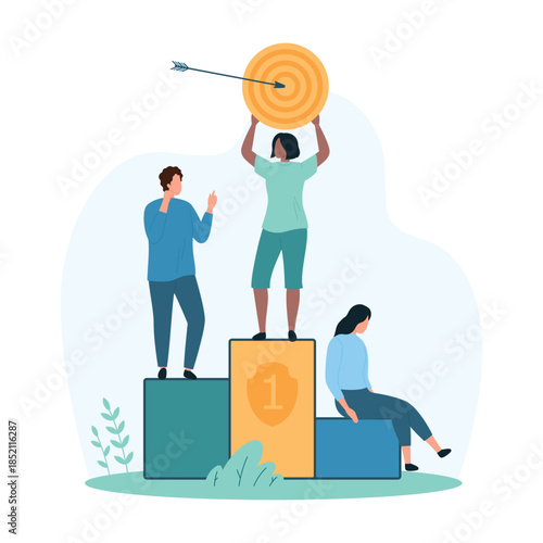 Business achievement, hit bullseye and victory in marketing campaign, leadership. Tiny employees celebrate target accuracy and top results on first place of podium cartoon vector illustration
