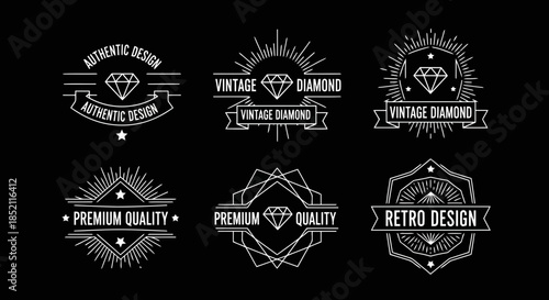 Set of six vintage diamond logos with different designs and styles, including premium quality and retro design