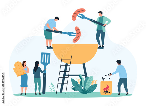 BBQ food cooking on fire, organic restaurant menu. Tiny people cook and roast hot barbecue meat sausages with fork and spatula, preparation for dinner or picnic party cartoon vector illustration