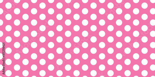 Vibrant pink seamless pattern adorned with classic white polka dots, ideal for charming backgrounds, textile designs, and decorative graphic elements