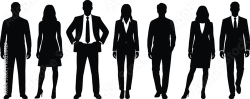 Professional business people silhouette set flat vector illustration men women standing poses corporate teamwork leadership office branding design marketing identity