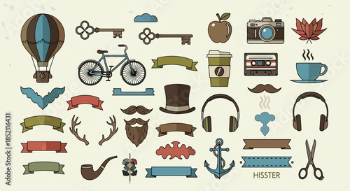 Vintage illustration of various objects including a bicycle, hot air balloon, coffee cup, mustache, and scissors