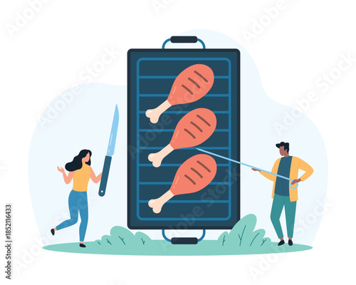 BBQ food cooking, hot chicken or turkey drumstick grilling. Tiny people roast legs on grill with cutlery tools, characters cook fried barbeque meat on picnic party cartoon vector illustration