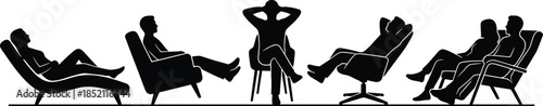 Relaxed people silhouettes sitting on chairs showing leisure waiting therapy relaxation concepts isolated black vector illustration on white background design