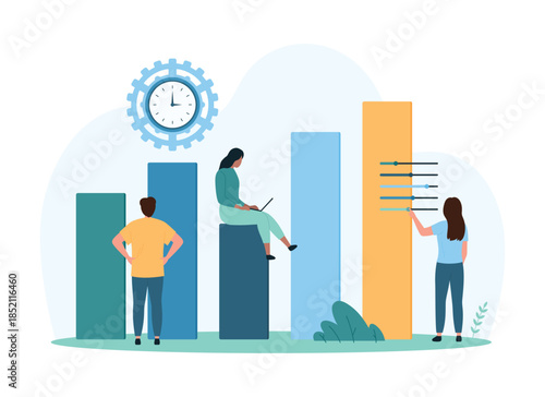 Statistic growth analysis, analytics of financial chart up for business progress. Tiny people work with digital stats, analyzing higher boost of vertical columns data graph cartoon vector illustration