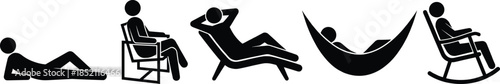 Relaxing people silhouette set flat vector illustration lounging sitting reclining hammock rocking chair leisure lifestyle comfort design minimal modern interior