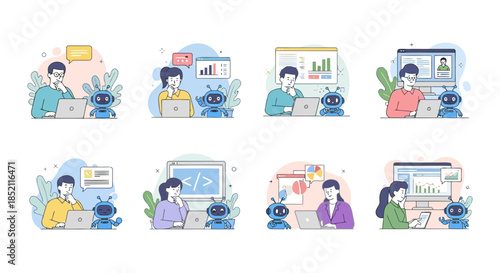 Diverse group of people working on laptops and computers in various professional settings