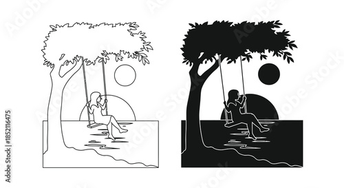 A peaceful scene with a tree swing and a figure enjoying nature silhouette