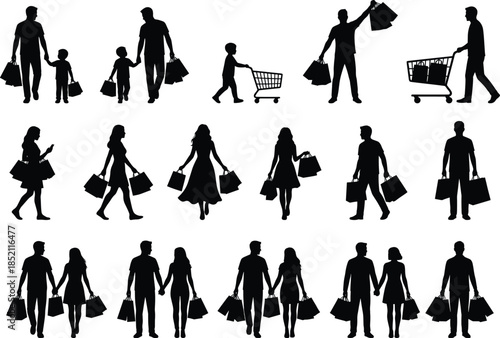 Shopping people silhouette set flat vector illustration men women families buying bags carts retail consumer lifestyle mall store purchase design